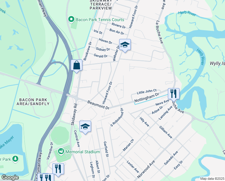 map of restaurants, bars, coffee shops, grocery stores, and more near 19 Robin Hood Drive in Savannah