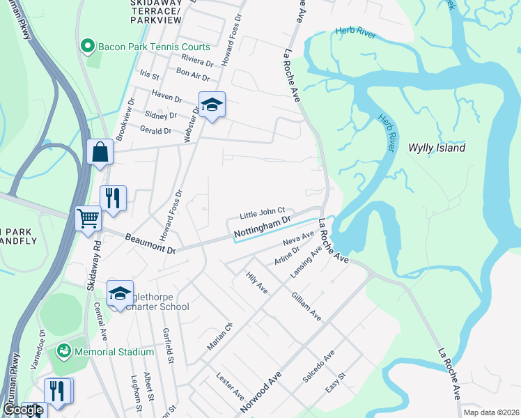 map of restaurants, bars, coffee shops, grocery stores, and more near 2526 Little John Court in Savannah