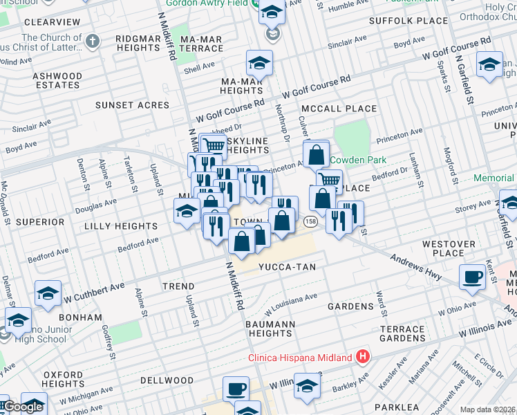 map of restaurants, bars, coffee shops, grocery stores, and more near 1513 Andrews Highway in Midland