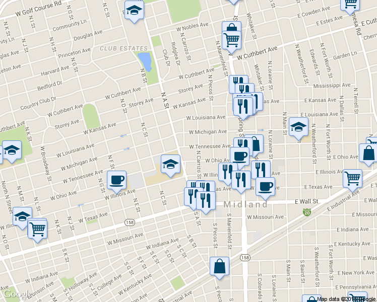 map of restaurants, bars, coffee shops, grocery stores, and more near 707 W Tennessee Ave in Midland