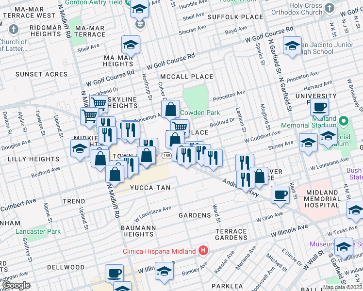 map of restaurants, bars, coffee shops, grocery stores, and more near 2706 West Cuthbert Avenue in Midland