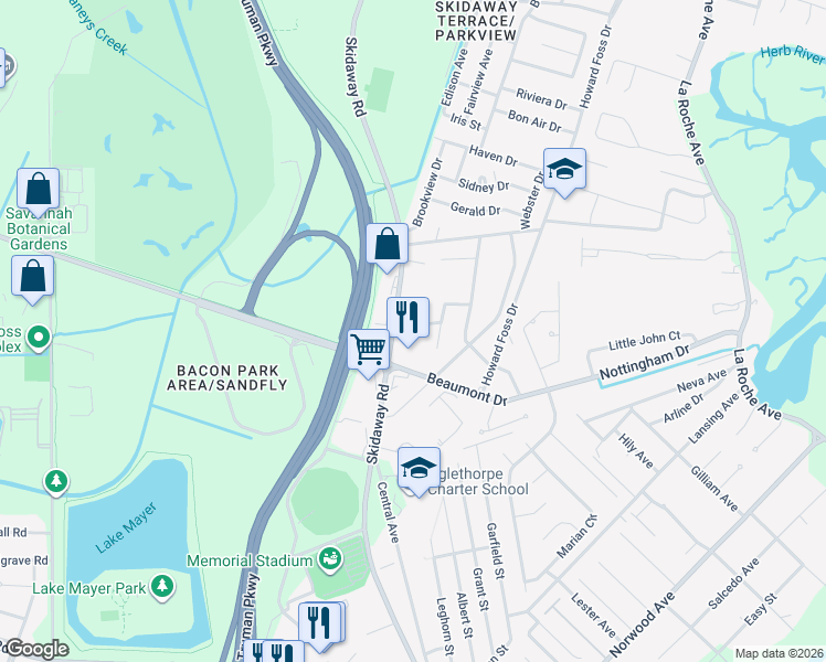 map of restaurants, bars, coffee shops, grocery stores, and more near 2111 Biscayne Drive in Savannah