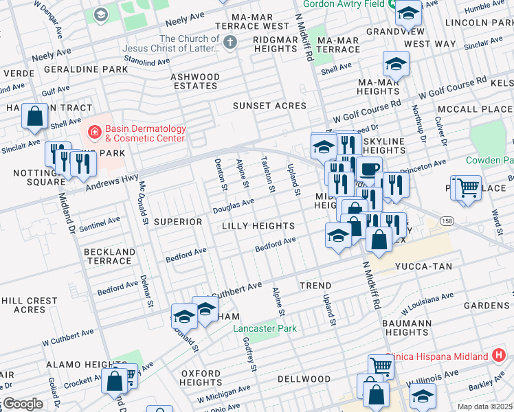 map of restaurants, bars, coffee shops, grocery stores, and more near 3412 Princeton Avenue in Midland