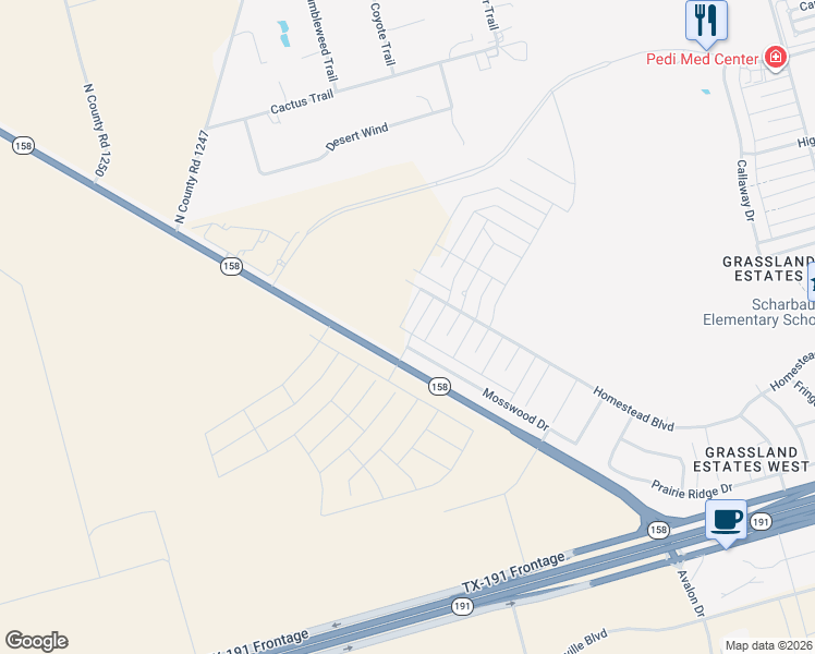map of restaurants, bars, coffee shops, grocery stores, and more near 2406 Brandy Hill Road in Midland