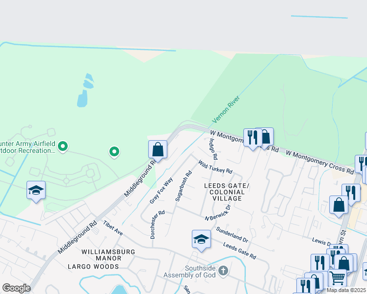 map of restaurants, bars, coffee shops, grocery stores, and more near 10425 Gray Fox Way in Savannah