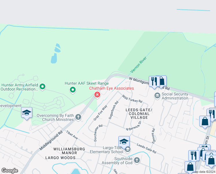 map of restaurants, bars, coffee shops, grocery stores, and more near 9006 Middleground Road in Savannah