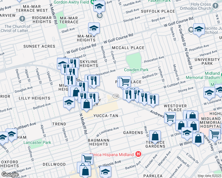 map of restaurants, bars, coffee shops, grocery stores, and more near 1030 Andrews Highway in Midland