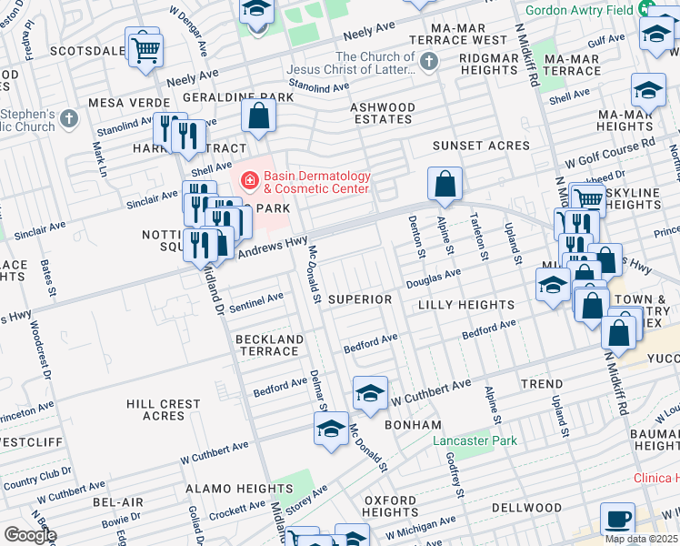 map of restaurants, bars, coffee shops, grocery stores, and more near 1504 Cascade Court in Midland