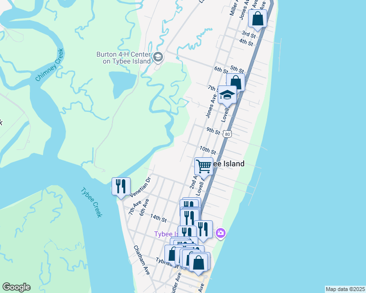 map of restaurants, bars, coffee shops, grocery stores, and more near 1007 Jones Avenue in Tybee Island
