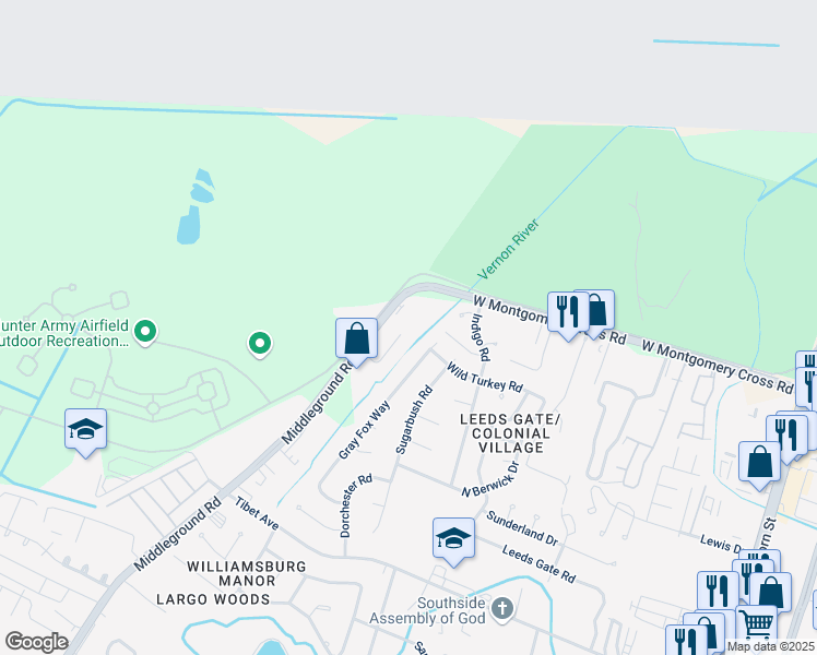 map of restaurants, bars, coffee shops, grocery stores, and more near 10425 Gray Fox Way in Savannah