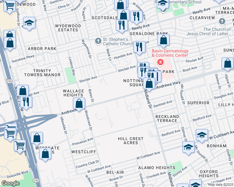 map of restaurants, bars, coffee shops, grocery stores, and more near 4600 Andrews Highway in Midland