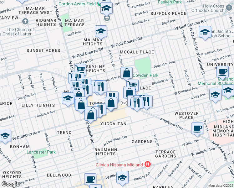 map of restaurants, bars, coffee shops, grocery stores, and more near 1030 Andrews Highway in Midland