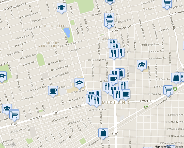 map of restaurants, bars, coffee shops, grocery stores, and more near 707 West Tennessee Avenue in Midland