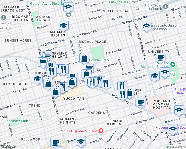 map of restaurants, bars, coffee shops, grocery stores, and more near 2706 West Cuthbert Avenue in Midland