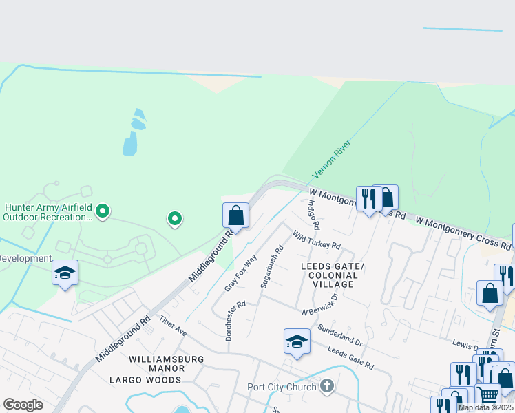 map of restaurants, bars, coffee shops, grocery stores, and more near 9006 Middleground Road in Savannah