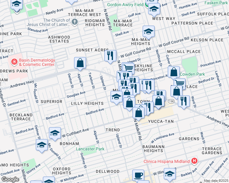 map of restaurants, bars, coffee shops, grocery stores, and more near 3309 Princeton Ave in Midland