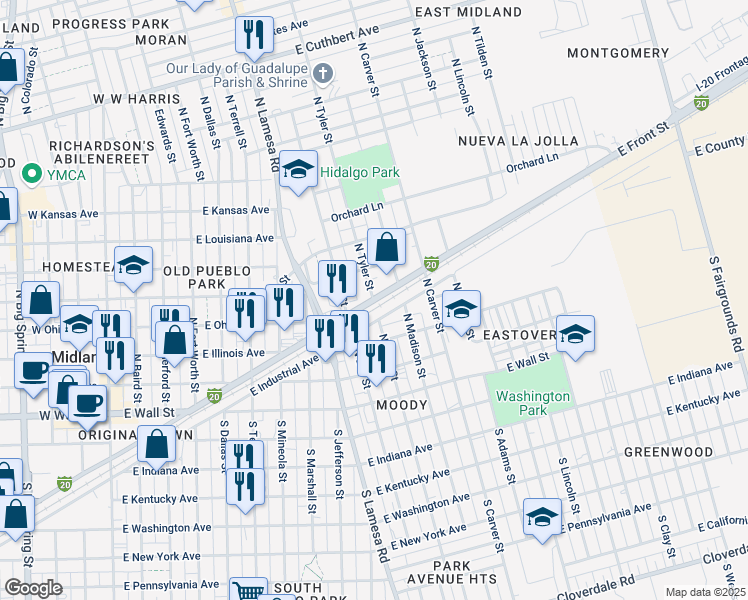 map of restaurants, bars, coffee shops, grocery stores, and more near 400 North Tyler Street in Midland
