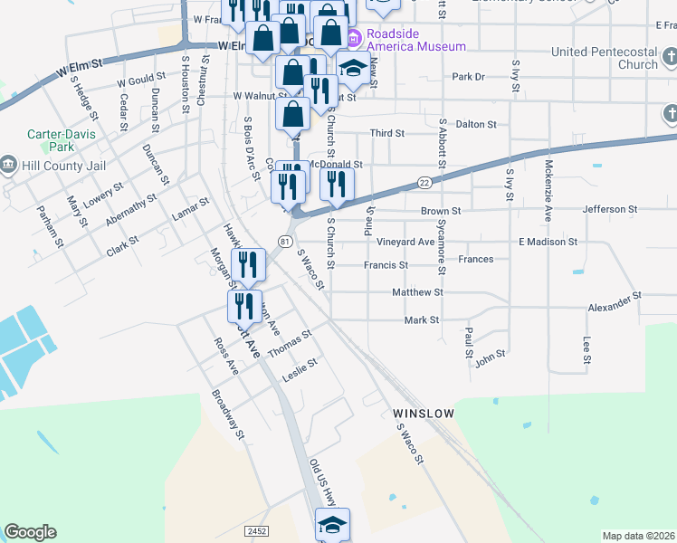 map of restaurants, bars, coffee shops, grocery stores, and more near 501 South Church Street in Hillsboro