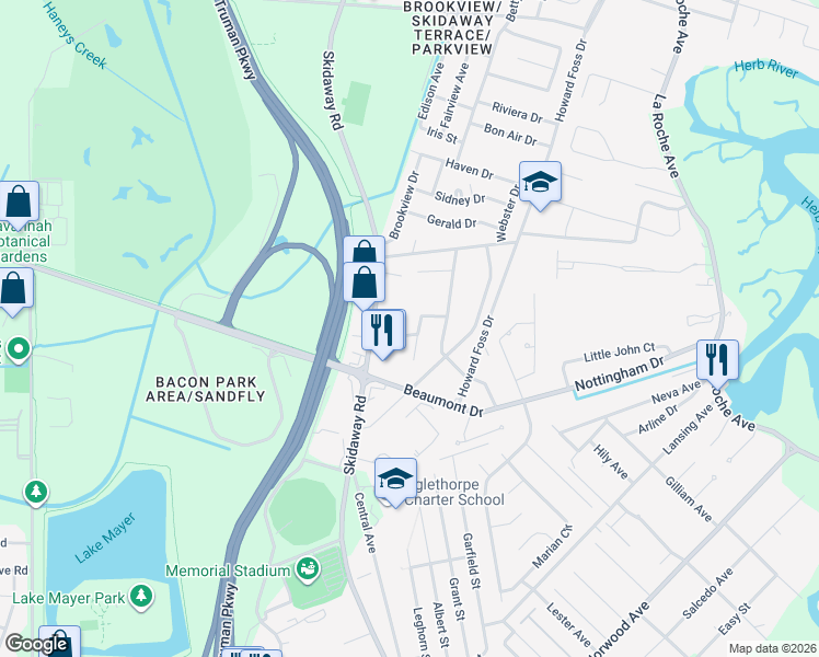 map of restaurants, bars, coffee shops, grocery stores, and more near 2111 Biscayne Drive in Savannah