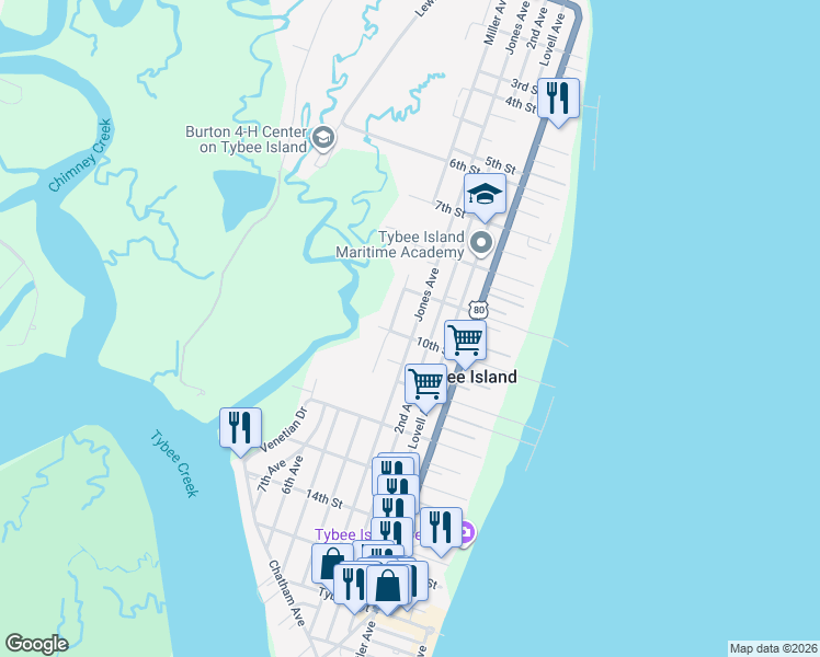 map of restaurants, bars, coffee shops, grocery stores, and more near 913 Jones Avenue in Tybee Island