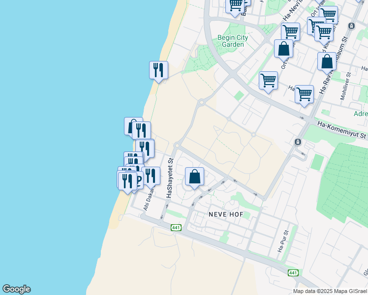 map of restaurants, bars, coffee shops, grocery stores, and more near in Bat Yam