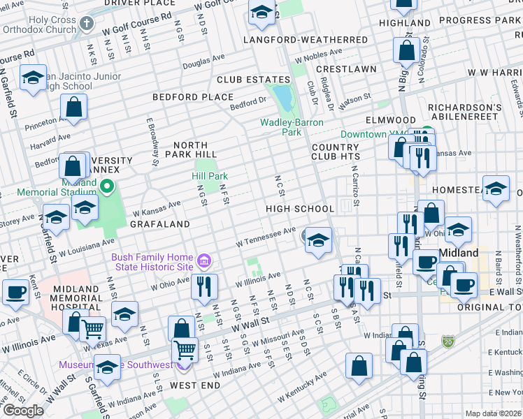 map of restaurants, bars, coffee shops, grocery stores, and more near 605 North D Street in Midland