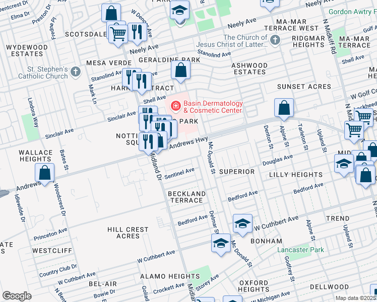 map of restaurants, bars, coffee shops, grocery stores, and more near 6 Lockheed Avenue in Midland