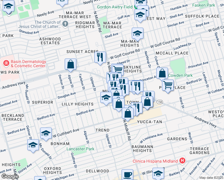 map of restaurants, bars, coffee shops, grocery stores, and more near 3303 Andrews Highway in Midland
