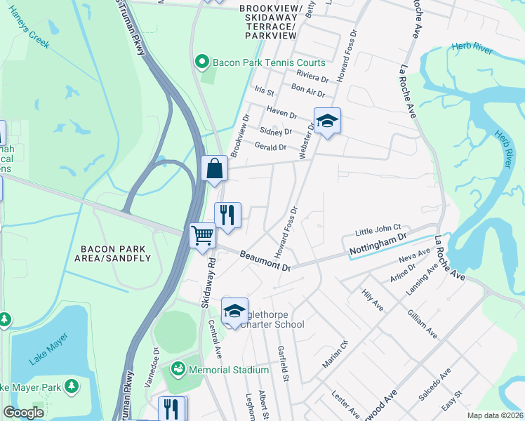 map of restaurants, bars, coffee shops, grocery stores, and more near 6911 Hialeah Circle in Savannah