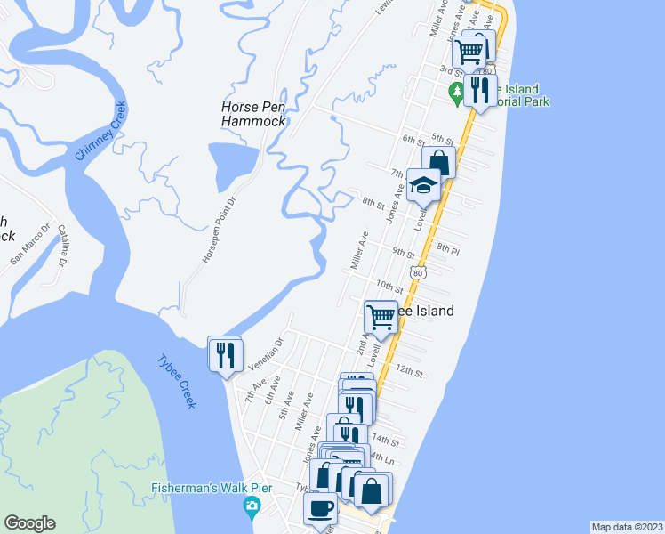 map of restaurants, bars, coffee shops, grocery stores, and more near 1001 5th Avenue in Tybee Island