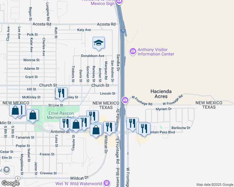 map of restaurants, bars, coffee shops, grocery stores, and more near 2099 Lincoln Street in Anthony