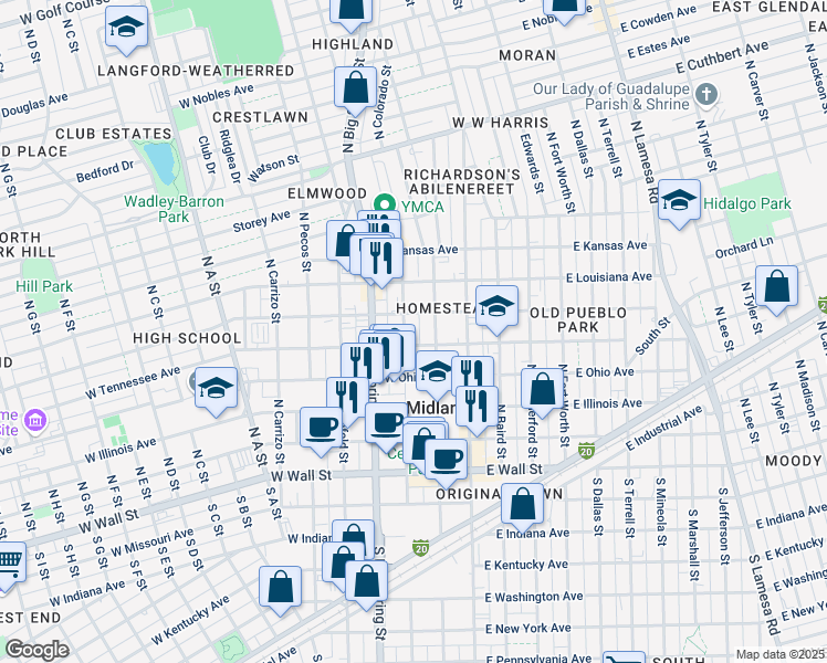 map of restaurants, bars, coffee shops, grocery stores, and more near 509 North Loraine Street in Midland
