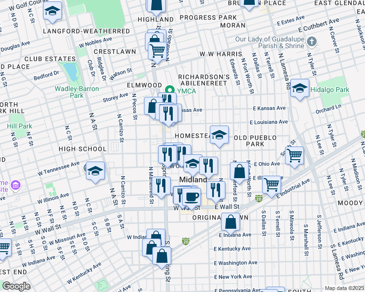 map of restaurants, bars, coffee shops, grocery stores, and more near 509 North Loraine Street in Midland