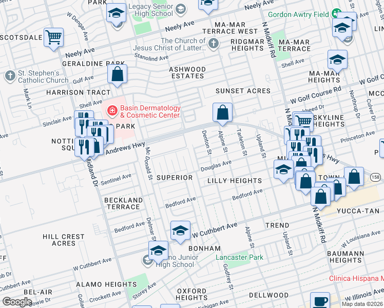 map of restaurants, bars, coffee shops, grocery stores, and more near 3609 Monclave Drive in Midland