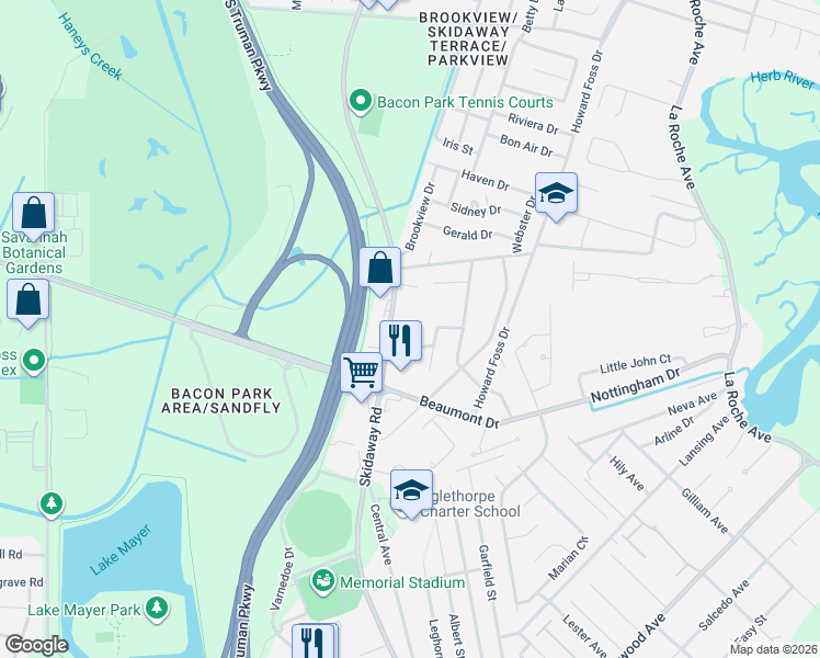 map of restaurants, bars, coffee shops, grocery stores, and more near 6810 Skidaway Road in Savannah