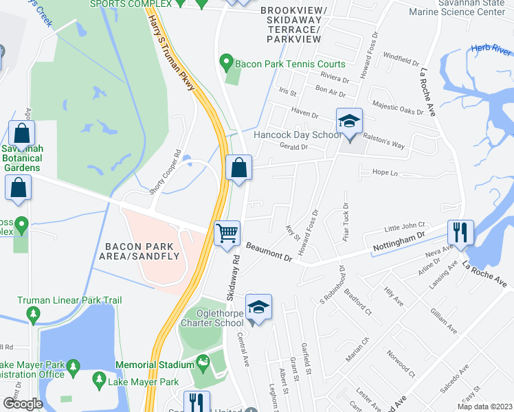 map of restaurants, bars, coffee shops, grocery stores, and more near 6810 Skidaway Road in Savannah