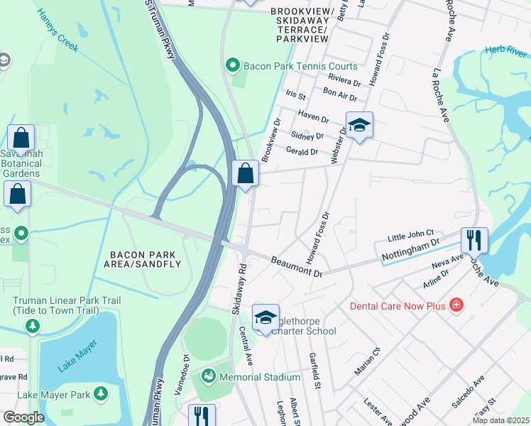 map of restaurants, bars, coffee shops, grocery stores, and more near 6830 Skidaway Road in Savannah