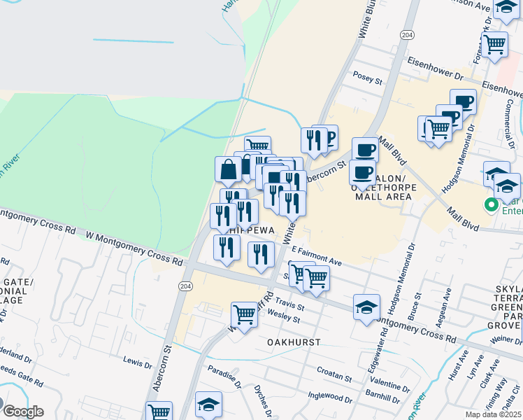 map of restaurants, bars, coffee shops, grocery stores, and more near 7920 Abercorn Street in Savannah
