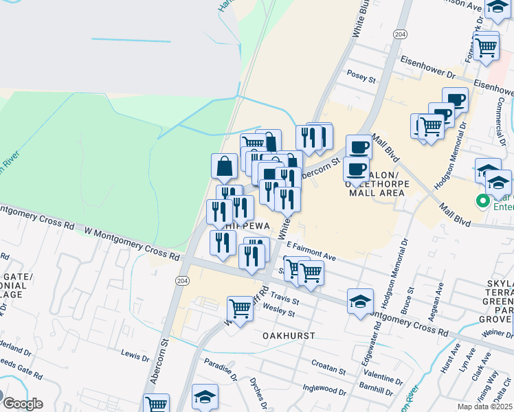 map of restaurants, bars, coffee shops, grocery stores, and more near 7920 Abercorn Street in Savannah