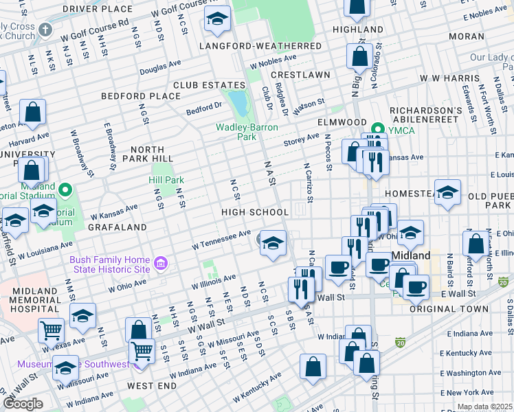 map of restaurants, bars, coffee shops, grocery stores, and more near 900 West Michigan Avenue in Midland