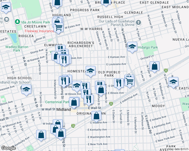 map of restaurants, bars, coffee shops, grocery stores, and more near 500 North Baird Street in Midland