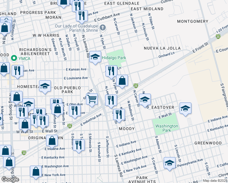 map of restaurants, bars, coffee shops, grocery stores, and more near 400 North Tyler Street in Midland
