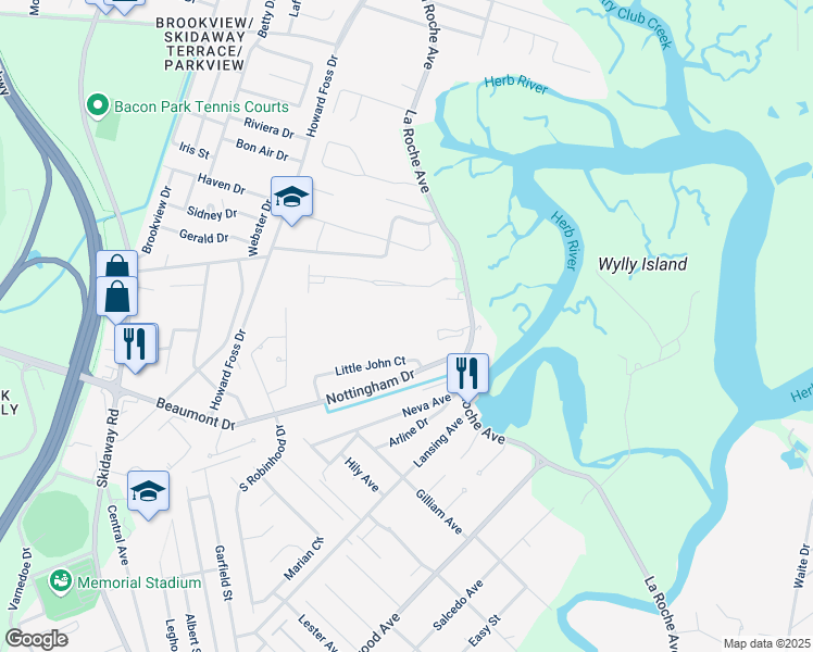 map of restaurants, bars, coffee shops, grocery stores, and more near 6711 La Roche Avenue in Savannah