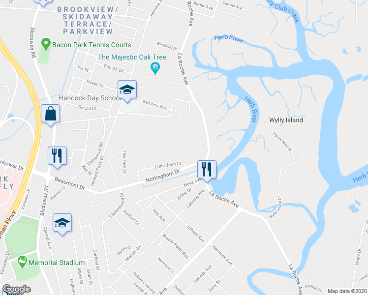 map of restaurants, bars, coffee shops, grocery stores, and more near 6711 La Roche Avenue in Savannah