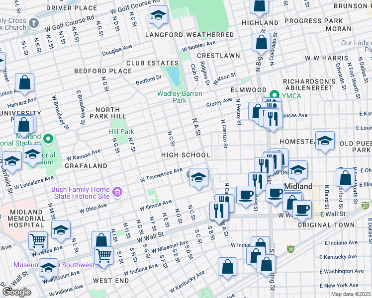 map of restaurants, bars, coffee shops, grocery stores, and more near 900 West Michigan Avenue in Midland