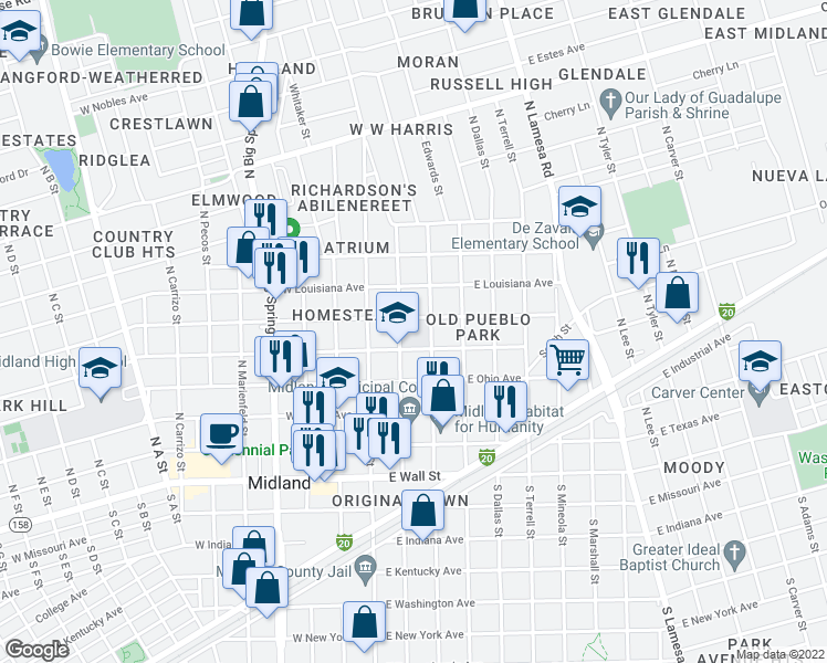 map of restaurants, bars, coffee shops, grocery stores, and more near 500 North Baird Street in Midland