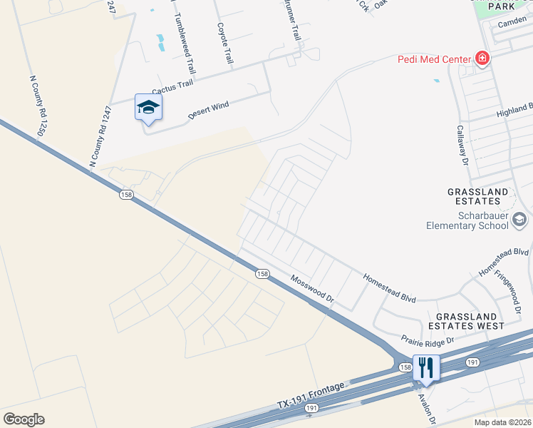 map of restaurants, bars, coffee shops, grocery stores, and more near 6512 Homestead Boulevard in Midland