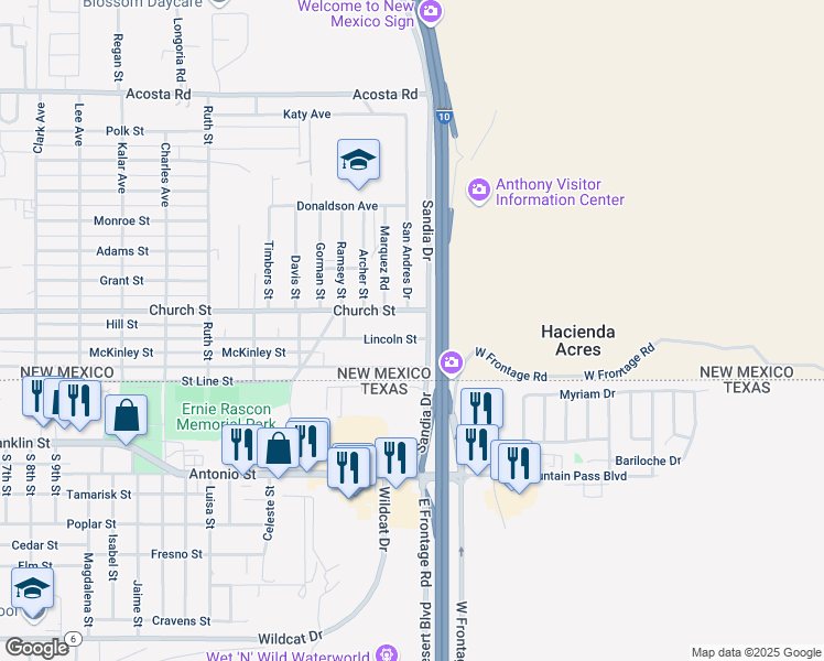 map of restaurants, bars, coffee shops, grocery stores, and more near 1701-2099 Lincoln Street in Anthony