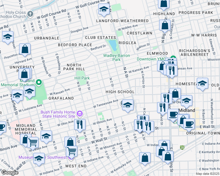 map of restaurants, bars, coffee shops, grocery stores, and more near 1003 West Louisiana Avenue in Midland