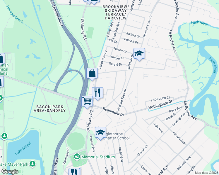 map of restaurants, bars, coffee shops, grocery stores, and more near 6911 Hialeah Circle in Savannah